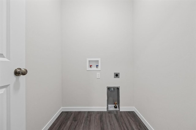 laundry room featuring laundry area, dark wood finished floors, baseboards, and hookup for a washing machine