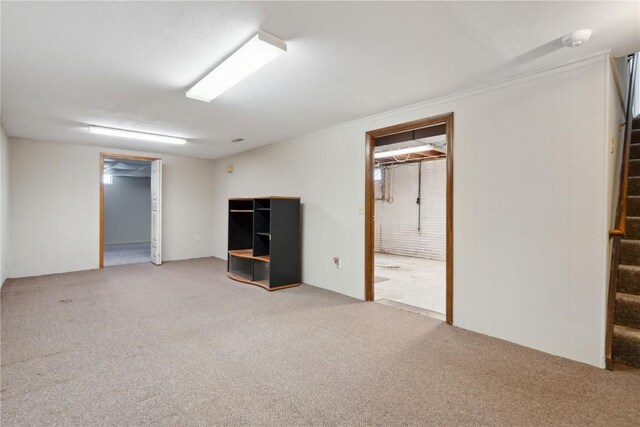 finished basement featuring carpet and stairs
