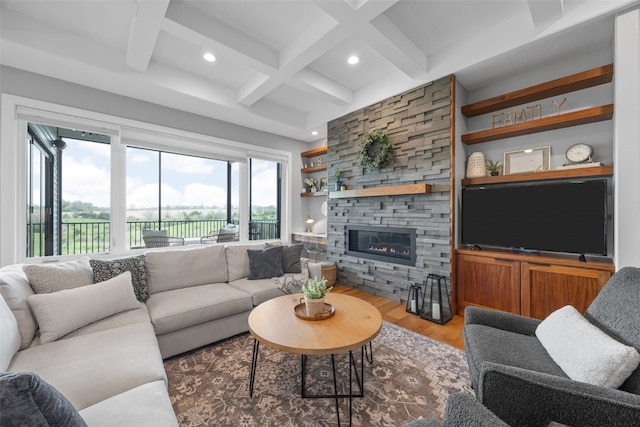 living room featuring recessed lighting, beamed ceiling, wood finished floors, and coffered ceiling