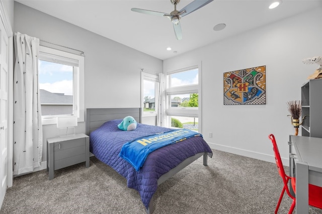 bedroom with baseboards, ceiling fan, carpet, and recessed lighting