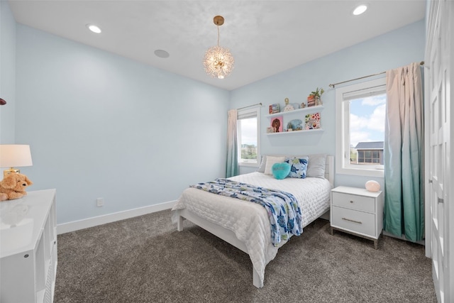 bedroom featuring carpet floors, recessed lighting, baseboards, and multiple windows