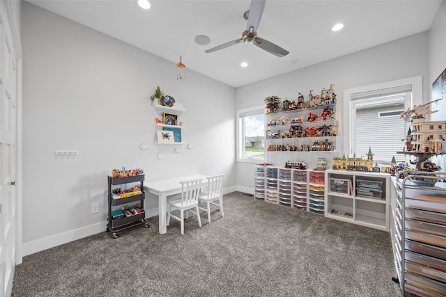 rec room with carpet floors, recessed lighting, ceiling fan, and baseboards