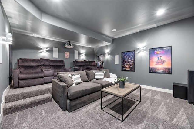 home theater featuring carpet floors, baseboards, and recessed lighting