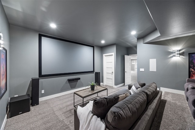 carpeted home theater room featuring recessed lighting and baseboards