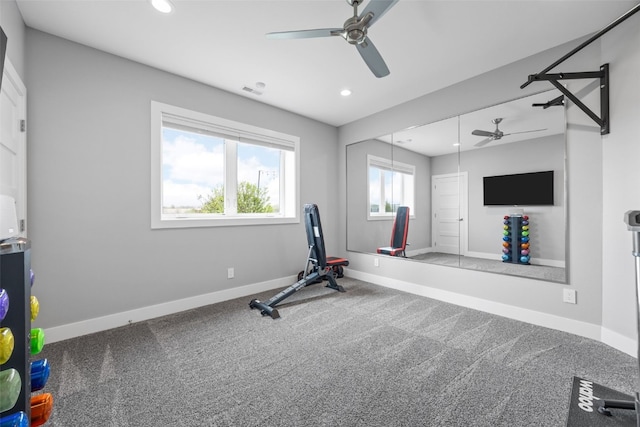 exercise area featuring carpet flooring, a ceiling fan, baseboards, and recessed lighting