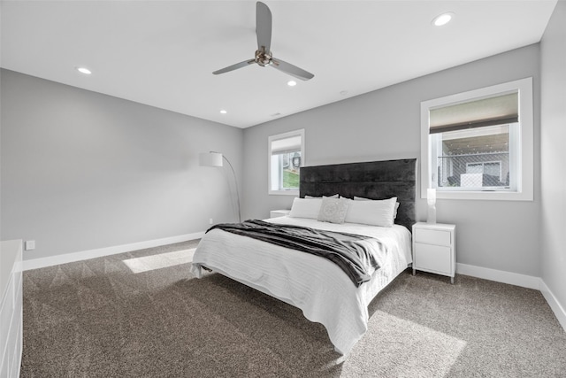 bedroom with carpet floors, recessed lighting, baseboards, and ceiling fan
