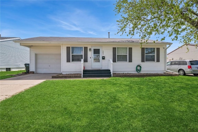 single story home with concrete driveway, an attached garage, and a front lawn