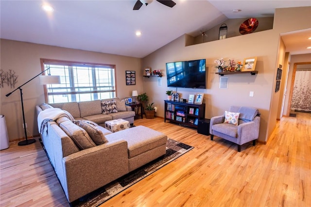 living room featuring recessed lighting, a ceiling fan, wood finished floors, and vaulted ceiling