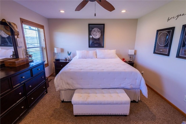 bedroom with recessed lighting, a ceiling fan, baseboards, and carpet