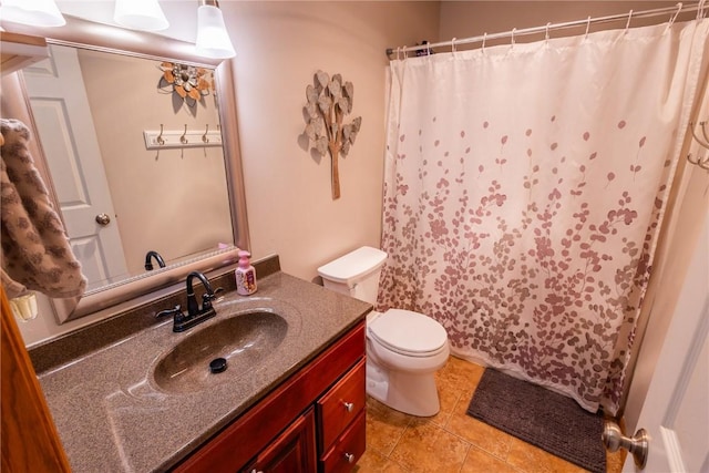 full bath featuring vanity, tile patterned flooring, toilet, and a shower with shower curtain
