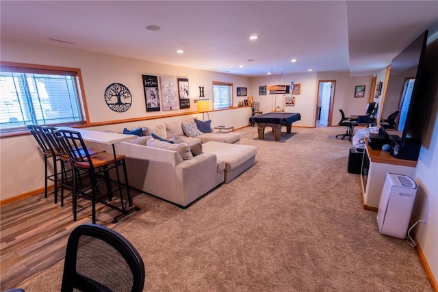 living area with recessed lighting, baseboards, billiards, and carpet