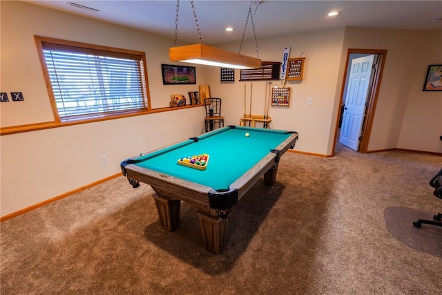 game room featuring carpet flooring, pool table, and baseboards