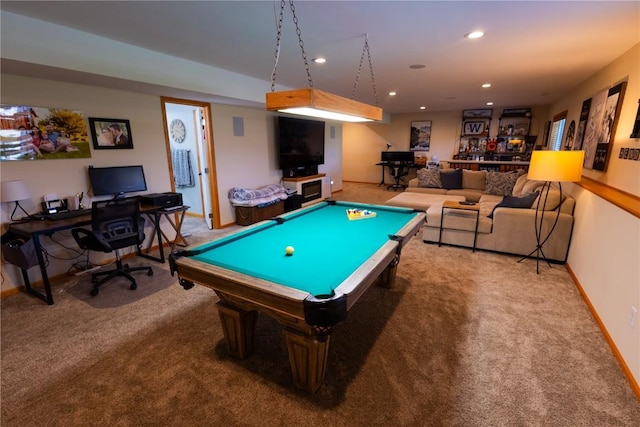 rec room featuring carpet floors, recessed lighting, and baseboards