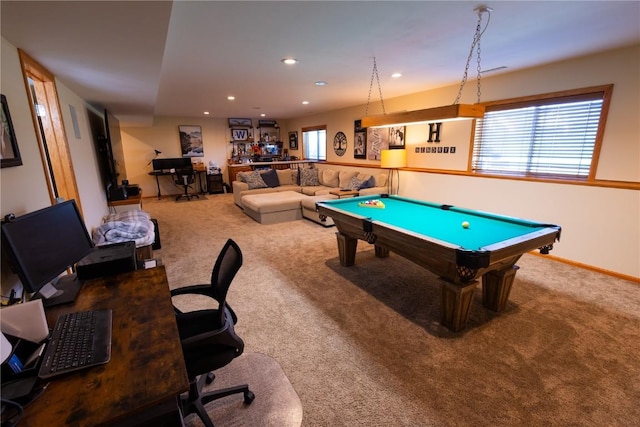 playroom with carpet floors, recessed lighting, pool table, and baseboards