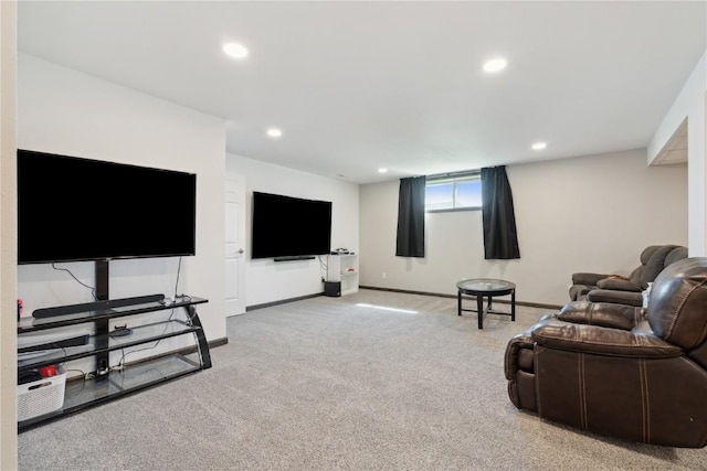 living room with carpet floors, baseboards, and recessed lighting