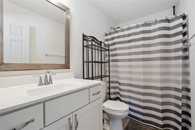 full bathroom featuring vanity, toilet, and a shower with shower curtain