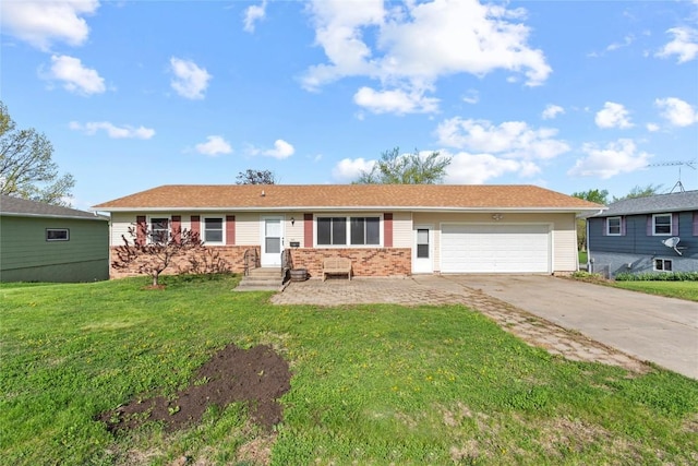 ranch-style home with a garage, a front lawn, brick siding, entry steps, and driveway