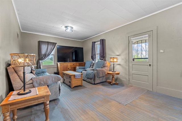 living area featuring crown molding and light wood finished floors