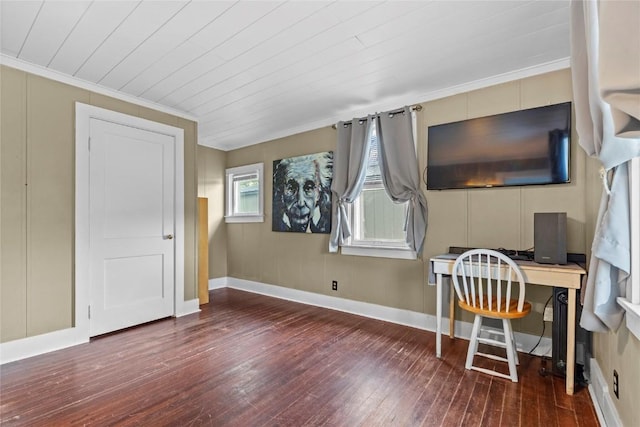 office space with baseboards, ornamental molding, and hardwood / wood-style flooring