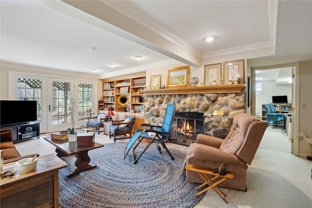 carpeted living room featuring crown molding and a fireplace