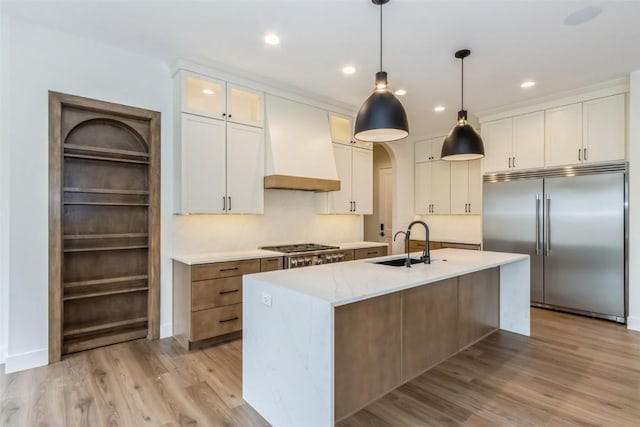 938 Heron Pl, Iowa City, IA 52245 - kitchen with custom range hood, a sink, glass insert cabinets, stainless steel appliances, and white cabinetry