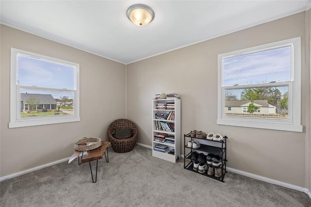 sitting room featuring carpet floors, baseboards, crown molding, and a healthy amount of sunlight