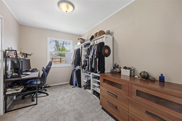 home office featuring baseboards, ornamental molding, and carpet