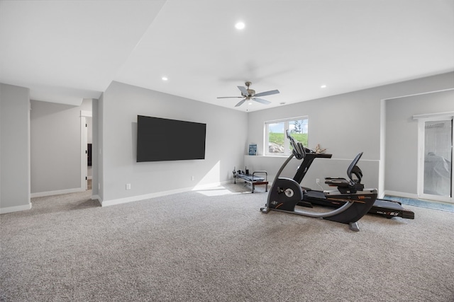 workout room featuring carpet flooring, a ceiling fan, baseboards, and recessed lighting