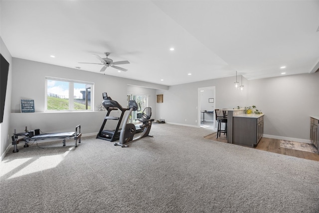 workout room featuring carpet flooring, a ceiling fan, baseboards, and recessed lighting