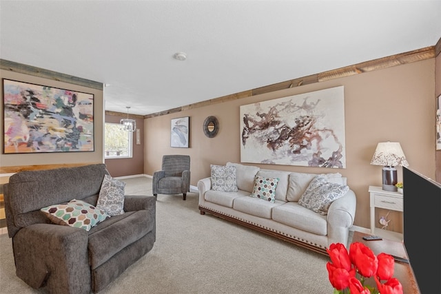 carpeted living room featuring baseboards
