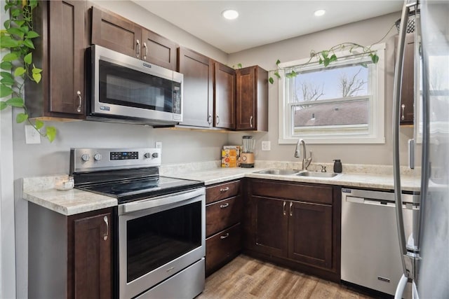 kitchen featuring dark brown cabinetry, a sink, light wood finished floors, light countertops, and stainless steel appliances