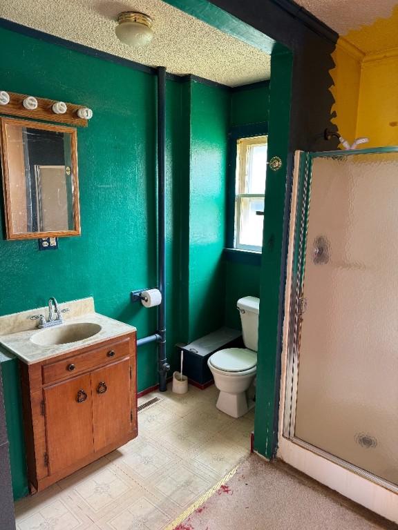 full bathroom featuring vanity, tile patterned floors, a shower stall, and toilet