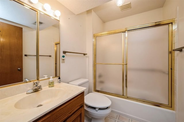 full bathroom featuring enclosed tub / shower combo, toilet, visible vents, and vanity
