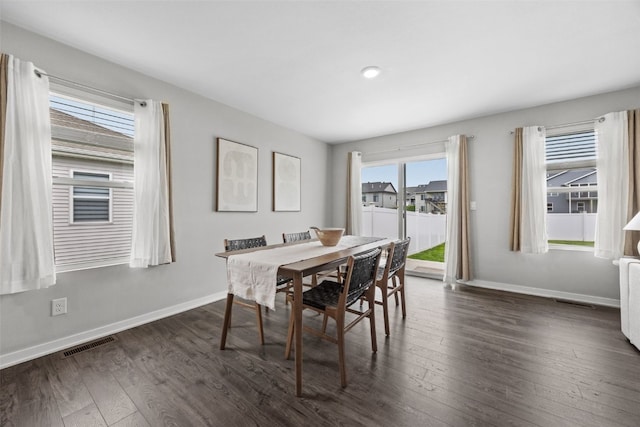 dining area with visible vents, recessed lighting, baseboards, and dark wood-type flooring