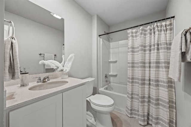 full bath featuring toilet, shower / bath combination with curtain, tile patterned flooring, and vanity