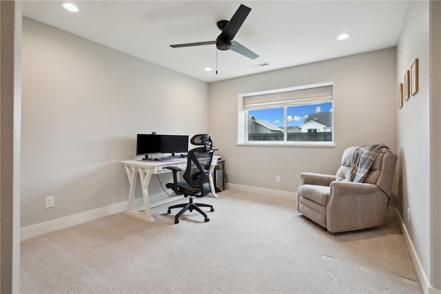 1405 Foxtail Dr, Fairfax, IA 52228 - office area featuring carpet flooring, recessed lighting, baseboards, and a ceiling fan