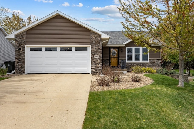 ranch-style house with a garage, a front lawn, stone siding, and concrete driveway
