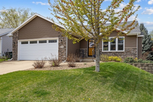 ranch-style house featuring a garage, a front lawn, stone siding, central air condition unit, and driveway