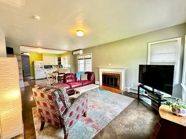 2105 Muscatine Ave, Iowa City, IA 52240 - living area with a fireplace with flush hearth, baseboard heating, and an AC wall unit