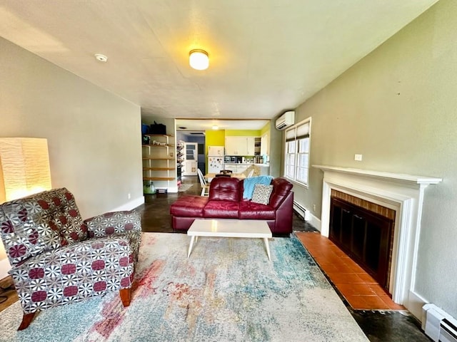 2105 Muscatine Ave, Iowa City, IA 52240 - living room featuring a fireplace with flush hearth, baseboards, a baseboard radiator, and a wall mounted air conditioner