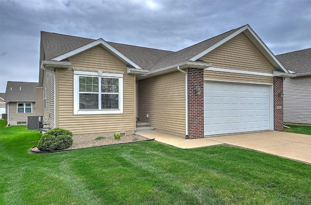 ranch-style house with a front lawn, a shingled roof, concrete driveway, an attached garage, and central air condition unit