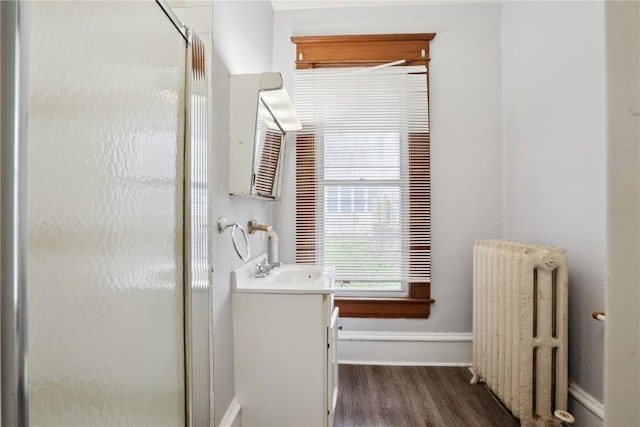 full bathroom featuring vanity, radiator, a shower stall, and wood finished floors