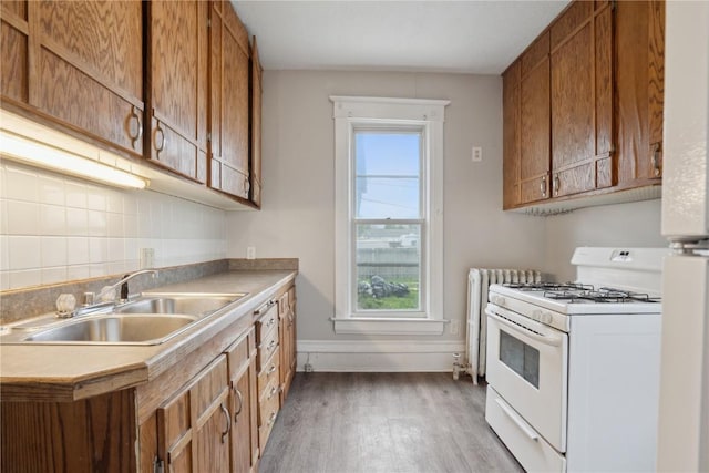 kitchen with a sink, gas range gas stove, light wood-style flooring, and a wealth of natural light