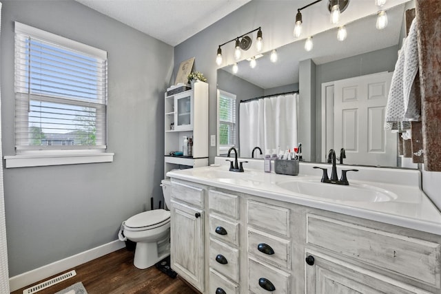 bathroom featuring a sink, double vanity, toilet, and wood finished floors