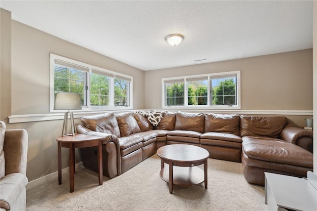 living area featuring baseboards and carpet