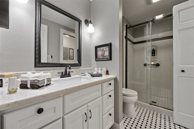 bathroom featuring vanity, toilet, and a shower stall