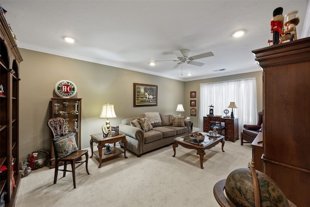 living area featuring crown molding, light carpet, a ceiling fan, and recessed lighting