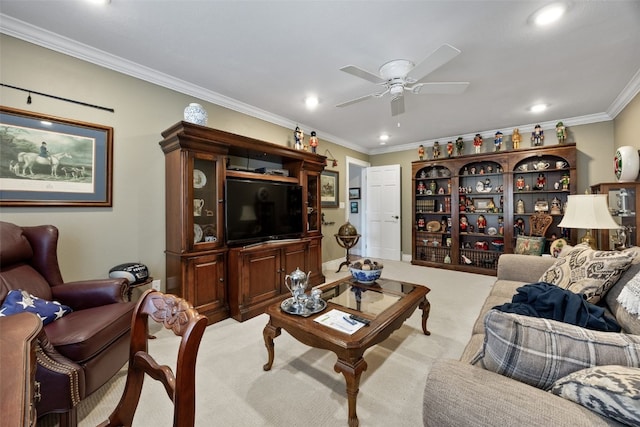 living room featuring carpet floors, ornamental molding, ceiling fan, and recessed lighting