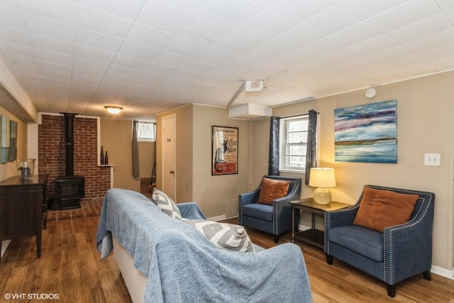 bedroom featuring a wood stove, wood finished floors, and multiple windows
