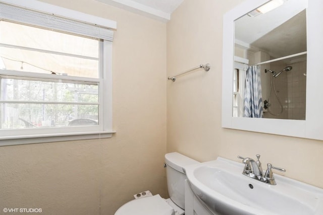 bathroom with vanity, curtained shower, and toilet